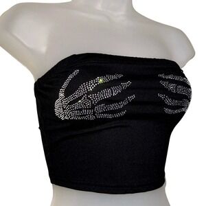 New‎ Small Black Rhinestone Skeleton Strapless Crop Top Silver Goth Tank Y2k 90s